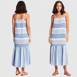 Seafolly Women's Jacquard Blue White Striped  Midi Dress Size Medium